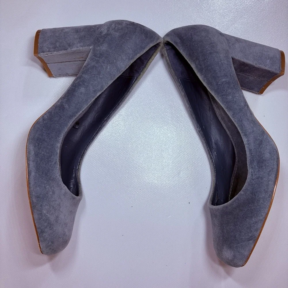 Zara Basic Blue/Gray‎ Suede Block Heel Pumps Size 40 US 9 9.5 Square Toe Chunky